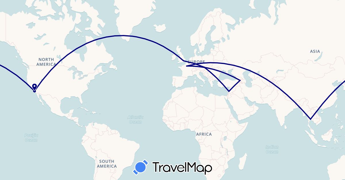 TravelMap itinerary: driving in Armenia, Austria, United Kingdom, Indonesia, Lebanon, Thailand, United States (Asia, Europe, North America)